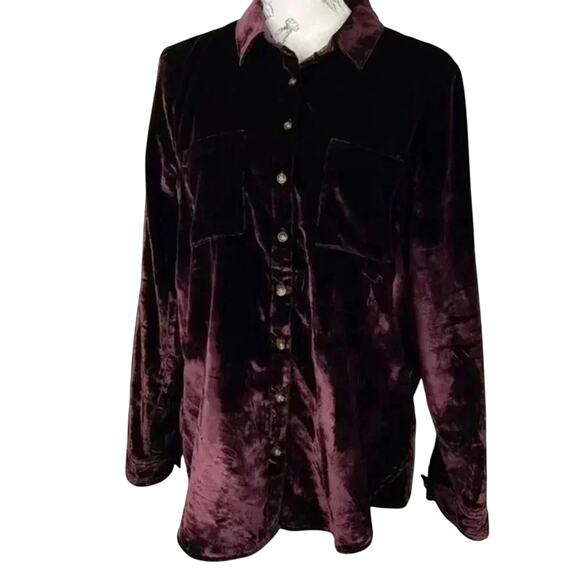 Maeve by Anthropologie Burgundy Velvet Button Front Shirt Size 12 - Picture 1 of 4